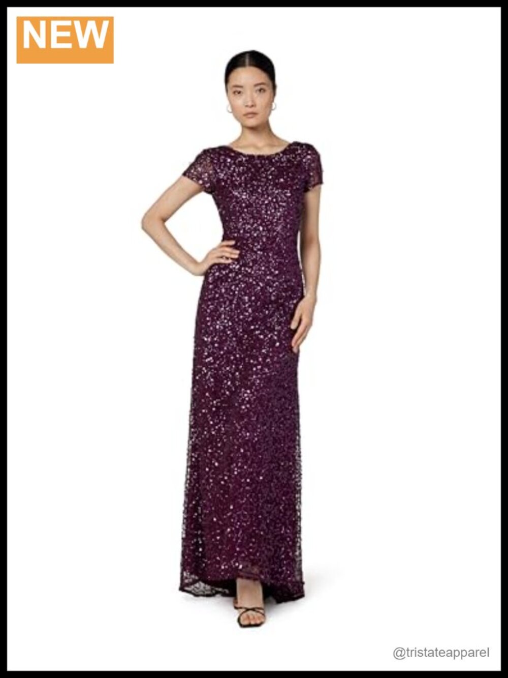 Sequin Short Sleeve Scoop Back A-Line Evening Gown Formal Dress